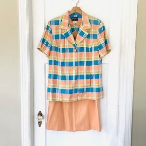 Sweet Suit Vintage Classy Blazer & Skirt 2 Piece Set Sz 14 Pastel Plaid Orange